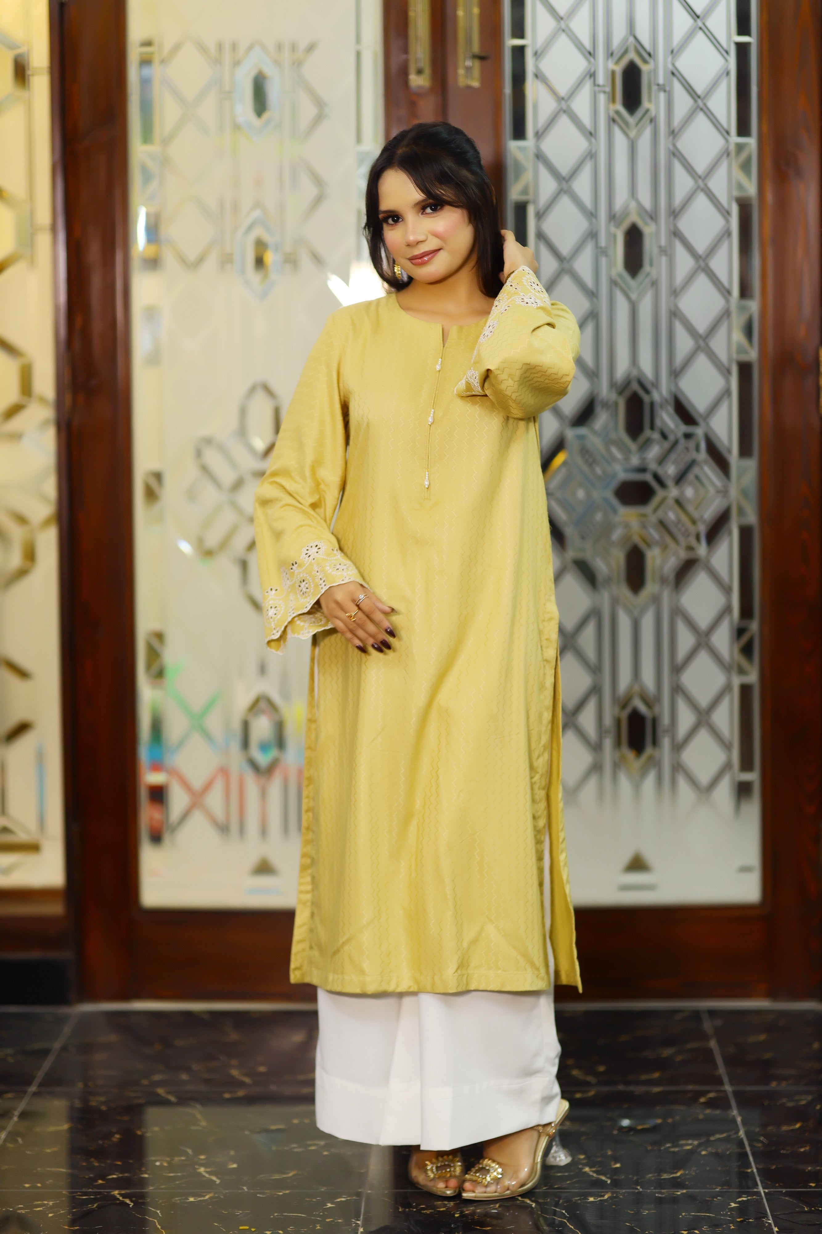 Mahr-Single Self Printed Shirt With Embroidered Sleeves