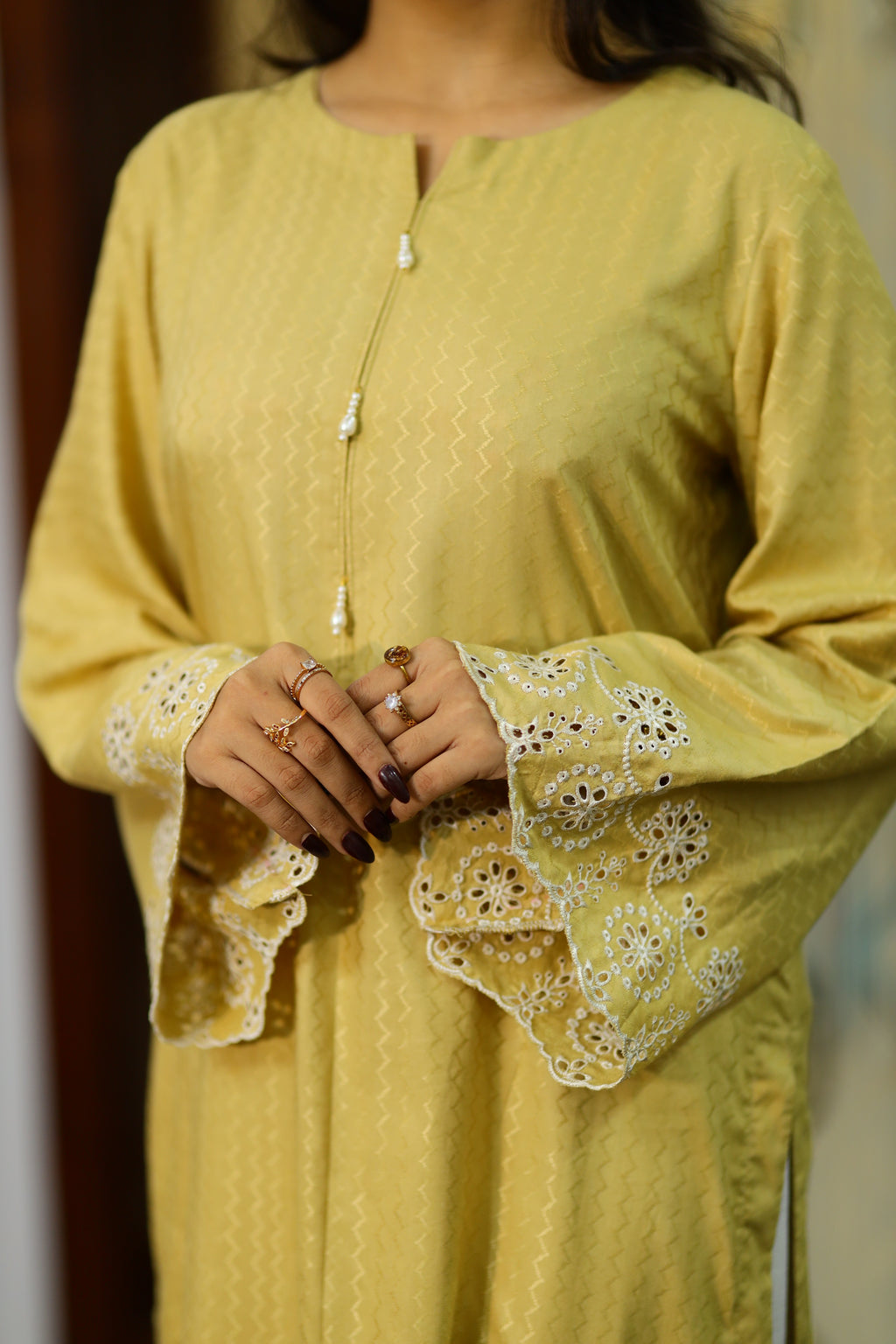 Mahr-Single Self Printed Shirt With Embroidered Sleeves